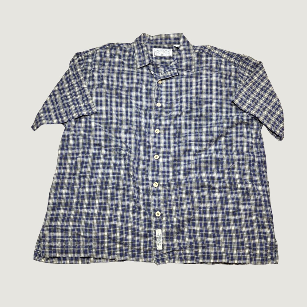American Eagle Mens Large Plaid Short Sleeve Button Down Cotton Linen Shirt Navy